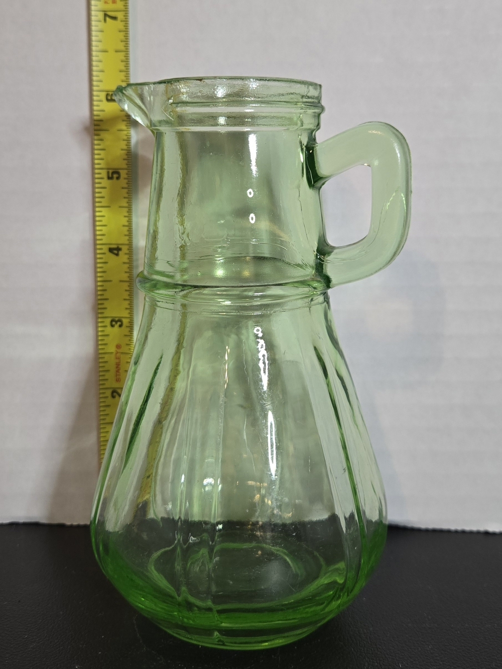 VTG Green Uranium Depression Glass Syrup 6” Pitcher (No Lid) * chipped spout
